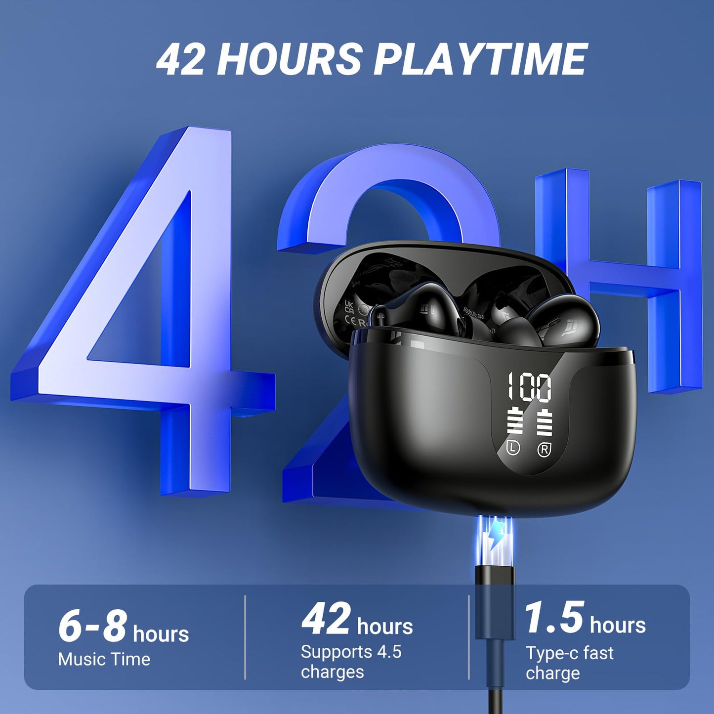 Wireless Earbuds Bluetooth 5.4 Headphones HiFi Stereo 42H Playback in Ear with 4 ENC Noise Cancelling Mic, IPX7 waterproof and LED battery display screen for Running Fitness Office Ear Buds in Black
