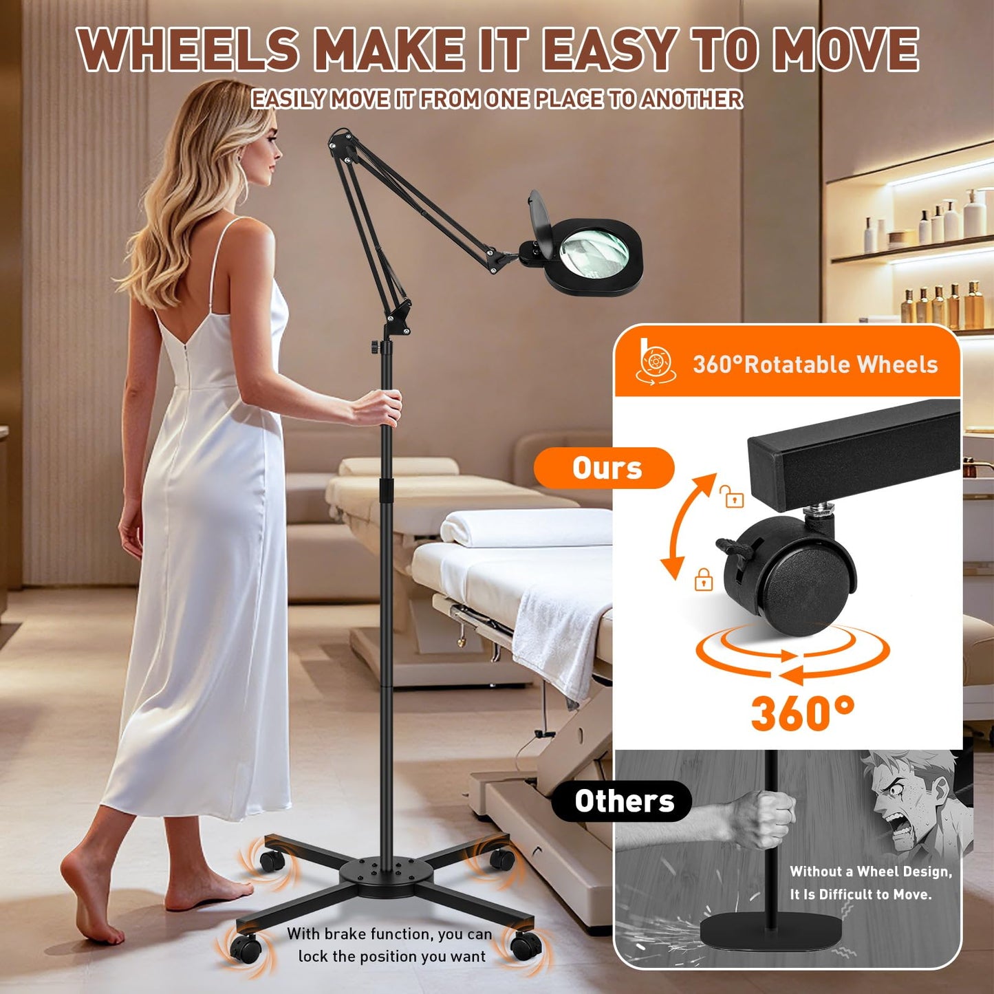 HITTIT 12X Large Floor Magnifying Glass with Light and Stand, 5-Inch Real Glass Lens, 4-Wheel Rolling, Adjustable Height, Dust Cover, 2-in-1 Lighted Magnifier for Reading, Craft,Sewing-Black
