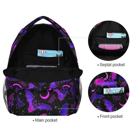 MNSRUU Student School Bag Purple Bat Gothic Backpack for Girls Boys College Bookbag Laptop Rucksack Travel Backpack for Adult Teen Casual Daypack
