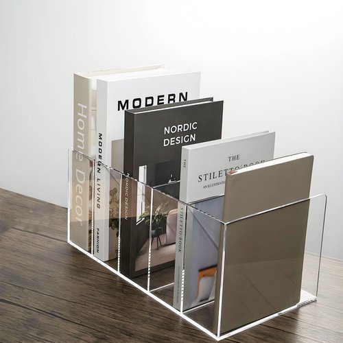 SEANADO Clear Acrylic Magazine File Holder with 5 Vertical Compartments Desk Organizer Book Rack for Home Office Desk Sorter Paper Folder Stand Bookshelf