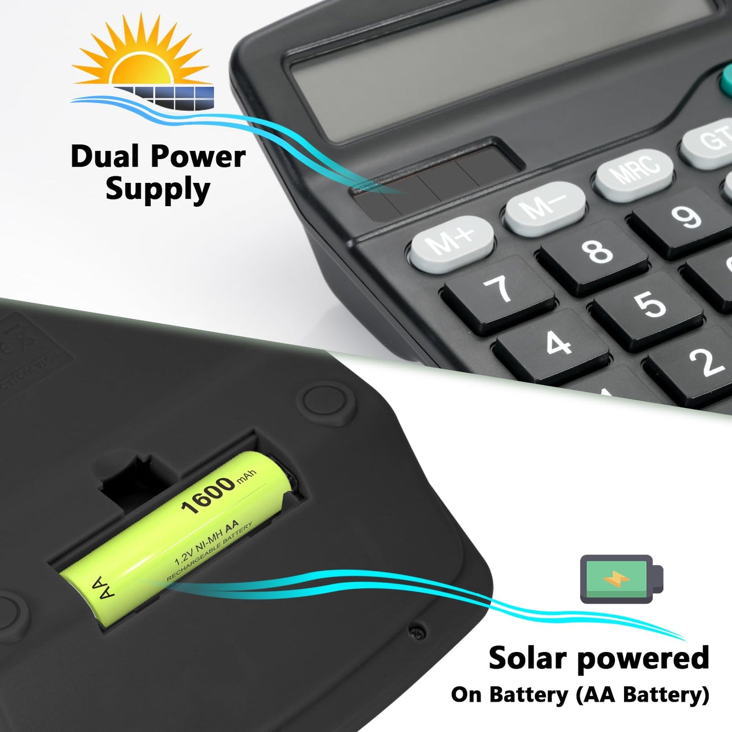 DANRONG Desktop Calculator with Big Buttons, Dual Power Source, Solar and Battery, Large Display Screen - Perfect for Office, Teachers, and Students (Black)