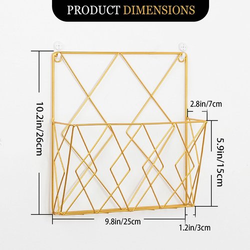 kumet Wall-Mounted File Organizer, Metal Wall File Holder, Magazine Rack, Space-Saving Design, Ideal for Home Office, Workspace, and Study Room Organization (Gold)