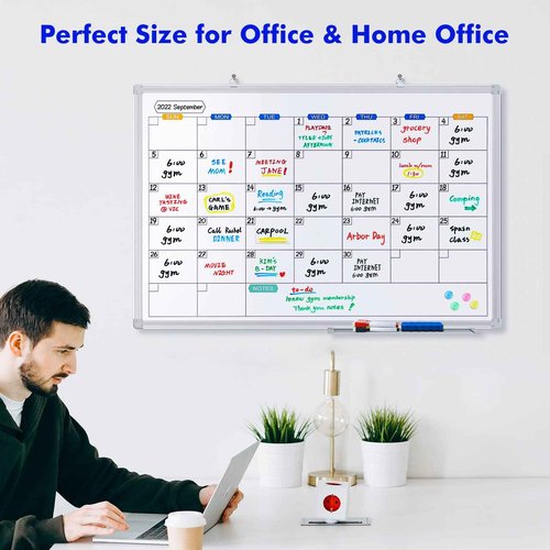 Dry Erase Calendar Whiteboard for Wall, 36" x 24" Magnetic Monthly White Board Calendar Dry Erase, Wall Hanging Aluminum Frame with Tray for Home, School, Office (Silver Frame)