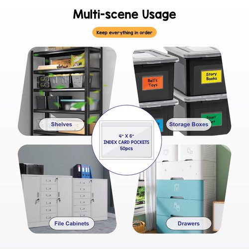 Clear Adhesive 4" x 6" Index Card Pockets with Top Open for Loading, 50 Pack, Plastic Labels Holders for Storage Bins and Library Card, Organizing and Protecting Your Index Cards or Photos
