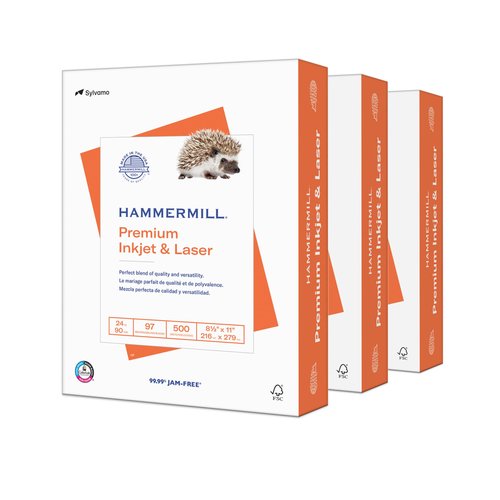 Hammermill Printer Paper, Premium Inkjet & Laser Paper 24 Lb, 8.5 x 11-3 Reams (1500 Sheets) - 97 Bright, Made in the USA, 166140R