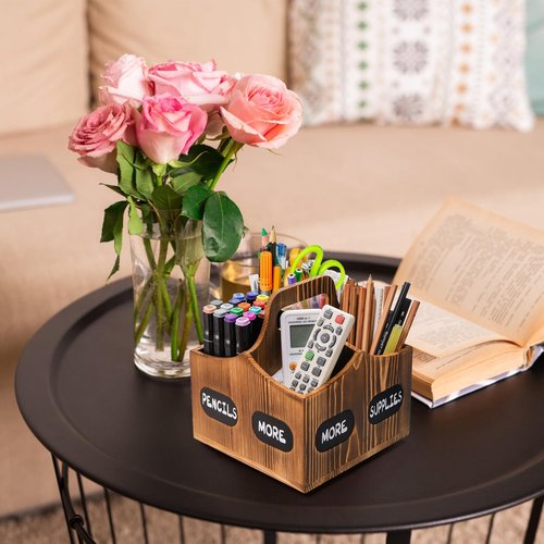 Covzoe Wood Rotating Pen Holder, 360 Degree Spinning Art Supply Organizer with Handle, 4 Slots Lazy Susan Desktop Organizer, Makeup Storage Caddy for Pencil Art Brush School, Home, Office