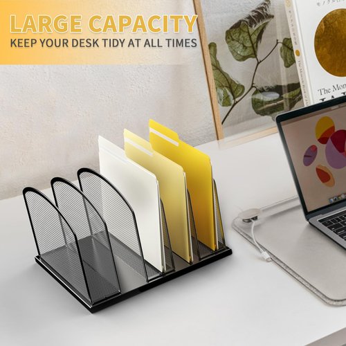 Gawerk Large Size Desk File Organizer, Metal Mesh Vertical Desktop File Holder, 5-Section file organizer for Desk Home Office (1 Pack), Black