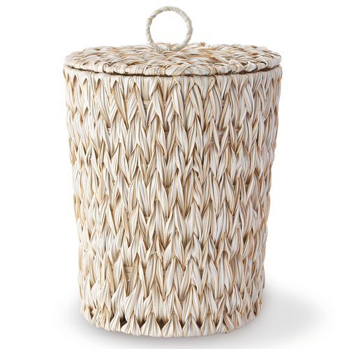 YOKOMI Plastic Wicker Trash Can with Lid - 2 Gallon Small Garbage Can with Removable Liner Bucket for Bedroom, Bathroom, Living Room - Boho Hand Woven Waste Basket for Home, Office, Beige