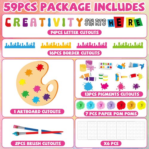 Art Paint Classroom Bulletin Board Decorations Artist Painting Cutouts with Paper Pom Poms Creativity Starts Here Cutouts for Student Teacher Wall Chalkboard Decor Back to School Supplies