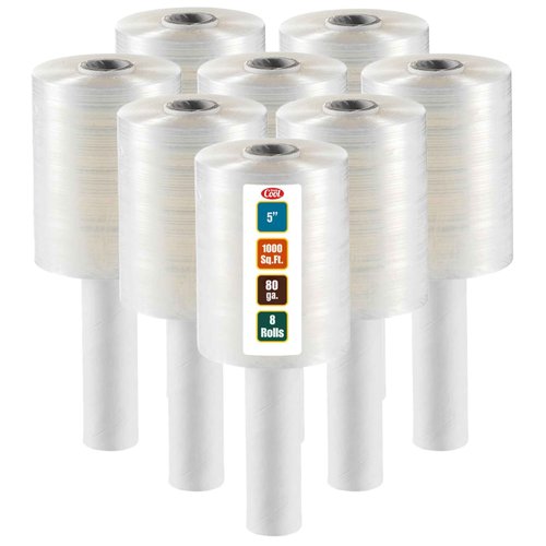 8 Pack Industrial Strength Mini Hand Stretch Wrap 5" 1000 Ft. Roll 80 Gauge Thick, Shrink Wrap Roll for Moving Supplies, Furniture, Pallets, Plastic Wrap for Packing, Heavy Duty Stretch Film