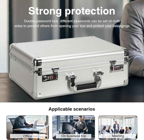 LOCKCURX File Organizer Storage Box - 14.2 x 9.4 x 4.5 Inch Medium, Portable Locking Storage Totes with Dual Combination Locks for Cash, Documents & Valuables - Silver