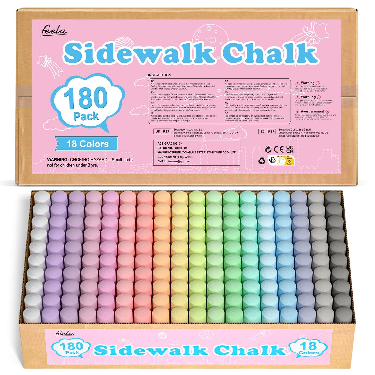 feela 180 Pack Sidewalk Chalk, Sidewalk Chalk Set For Kids Jumbo Chalk Bulk, Great for Kids Family, Paint on Sidewalk Wall School Driveway Blackboard Street Playground, 18 Colors