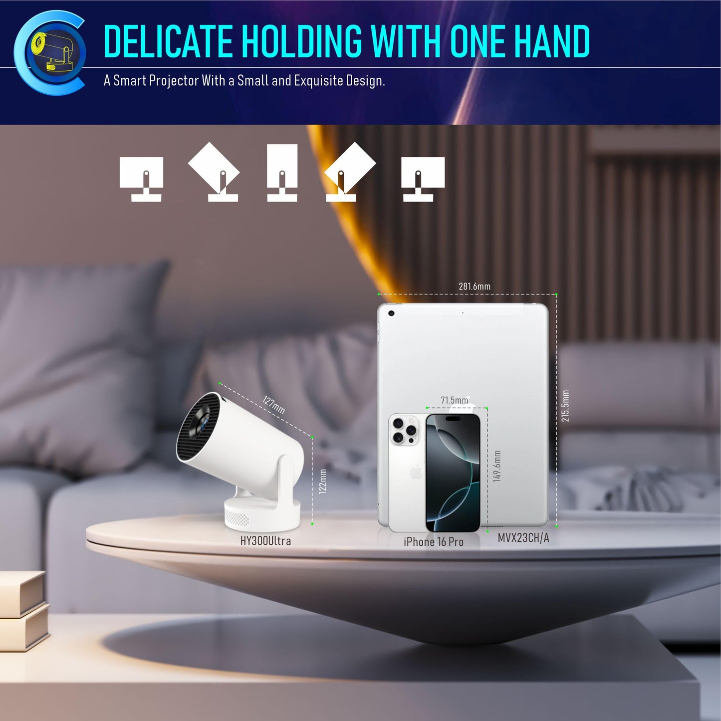 Mini Projector, HY300Ultra Portable Projector with WiFi 6 and Bluetooth 5.4, 4K Support,5W Soundbase Speaker, Android11.0, 180° Rotation, Compatible with TV Stick Smartphone HDMI