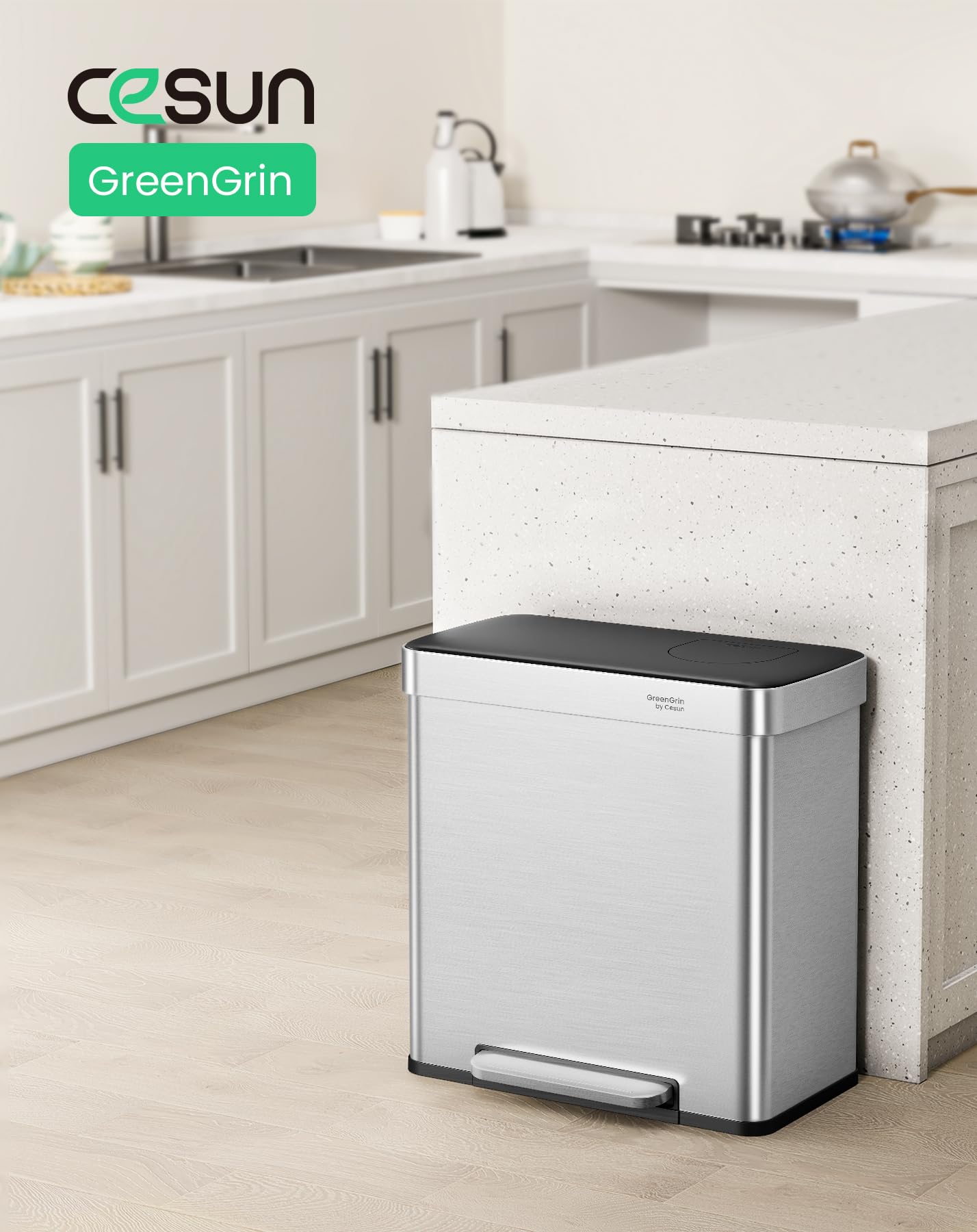 Cesun GreenGrin Kitchen Trash Can, 2x8 Gallon Dual Compartment Trash and Recycle Bin Combo, Double Stainless Steel Step Garbage Can with Lid,Recycling Push Flap,Removable Inner Buckets,30L+30L(Sliver)