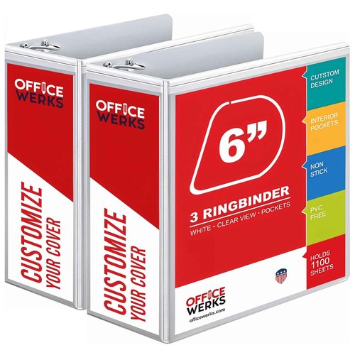 2 Pack of 6 Inch 3 Ring Binder with Locking Angle D Rings, Professional Heavy Duty Large Storage Binder with Pockets, Fits 8.5 x 11 Inch Sheets, Non-Stick Clear View Cover, Customizable, White