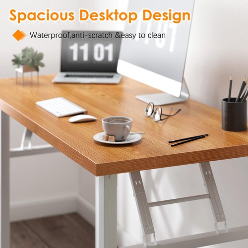 SDHYL 47 inches No Assembly Foldable Computer Desk for Home Office Workstation, Simple Folding Study and Writing Table with Metal Frame, Teak and White