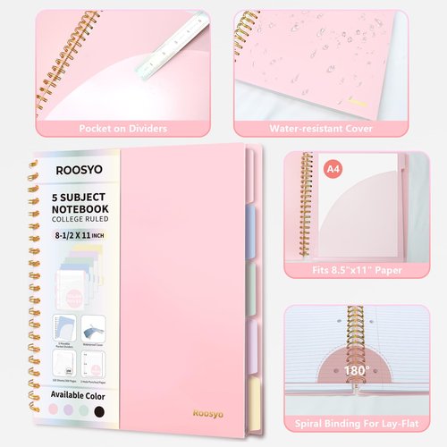 Aesthetic 5-Subject Notebook College Ruled with 5 Movable Tab Dividers & Pockets, 150 Sheets, 3-Hole Punched, Spiral Notbook, Plastic Cover, Fits 8.5"x11", 68gsm Paper, Includes Writable Stickers – Cute School Journal or Office Supplies, Pink