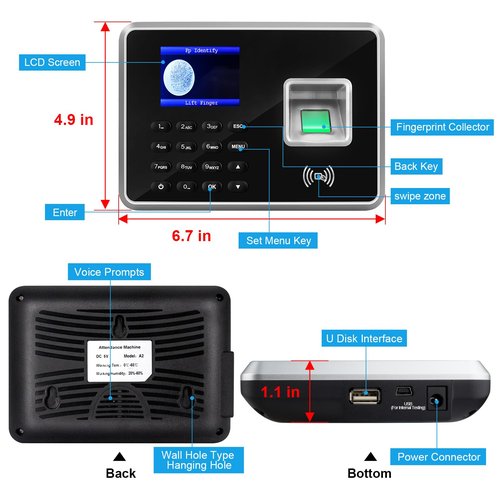 JIAN BOLAND A2 Time Clocks for Employees Small Business-Fingerprint, RFID and PIN Biometric Time Clock, Office Punch Clock, with 5 Badges and USB Drive (0 Monthly Fees)