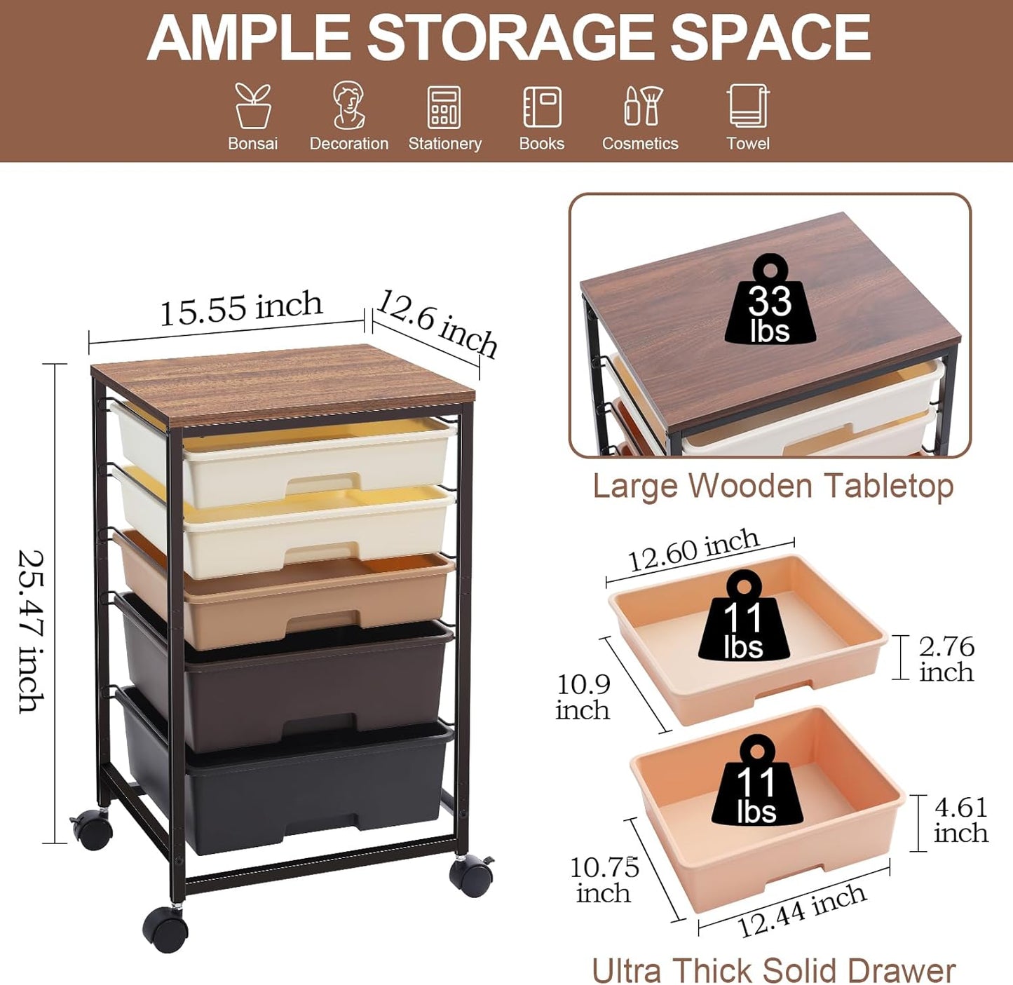SYKIARIOL Utility Cart - 5-Tier Rolling Storage Cart with Lockable Wheels & Wooden Tabletop - Dark Brown