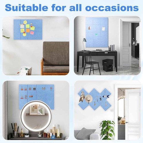 ZITUZY 12 Pieces Corkboards for Wall, 18 * 18 in Bulletin Board Decorations with Safe Removable Adhesive Tabs, Cork Wall Tiles Cork Board, for School, Home, Kitchen, Office (Blue)