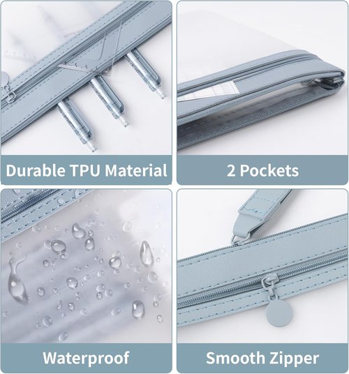 Clear Pencil Pouch - A5 Zippered Case with Double Pockets | Durable, Waterproof & Versatile for School, Office, or Travel - Blue