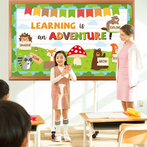 Woodland Bulletin Board Set Jungle Forest Classroom Decorations Back to School Learning is an Adventure Paper Cutouts Motivational Safari Animal Bulletin Board for Nursery Chalkboard Wall Door Decor