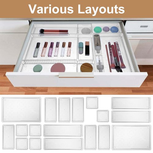 18 PCS Clear Plastic Drawer Organizer Set 4 Large Size Versatile Kitchen and Bathroom Organizer Trays, Non-Slip Storage Bins for Makeup, Utensils, Tool and Office Desk