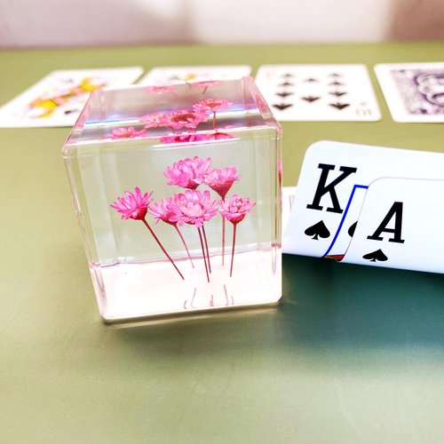 Bon Cube Desk Accessory Acrylic Resin Cube Paperweight with Decorative 3D Preserved Flowers Pink Starflowers (Resembles Daisy), 1.58'' Cube 2.9 oz, Aesthetic Desk Decor for Women and Gift for Her
