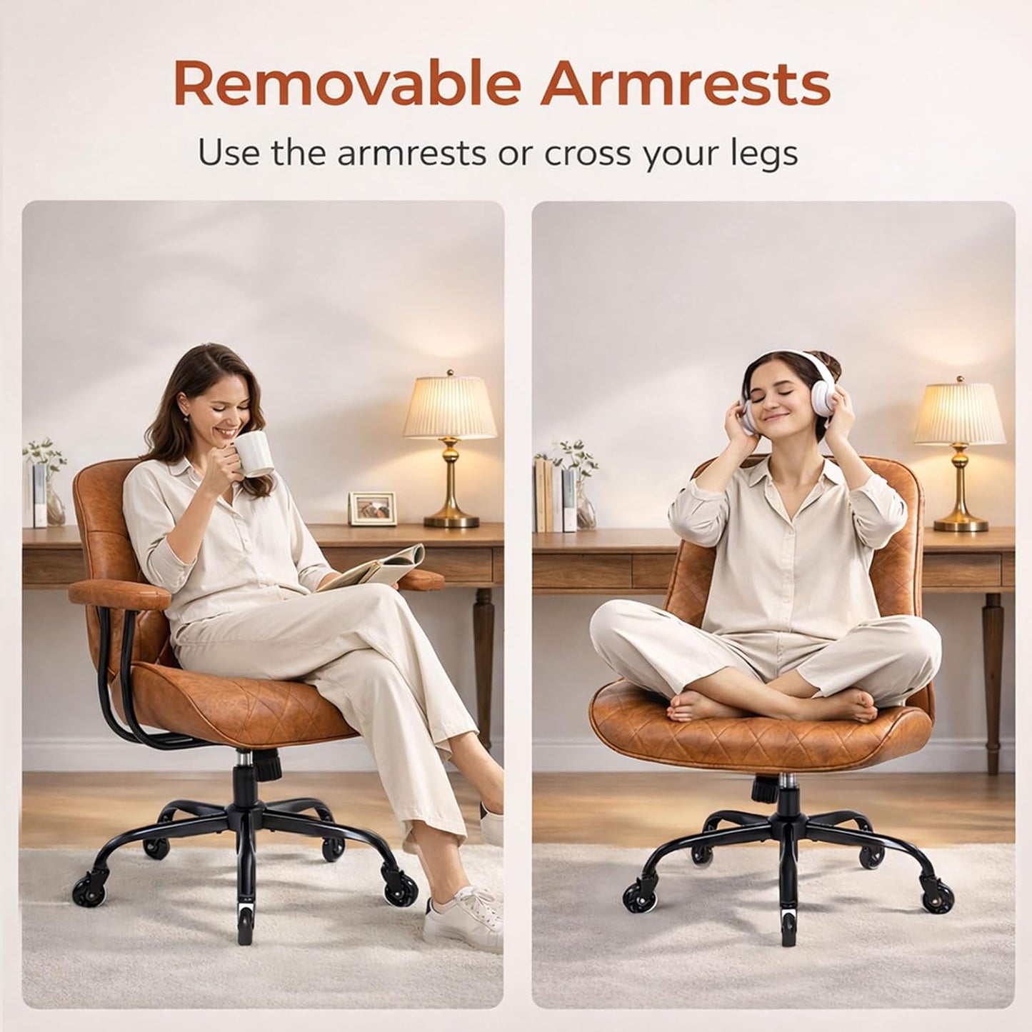 BEWISHOME Brown Leather Office Chair - Ergonomic Design with Lumbar Support & Adjustable Height | 360° Swivel