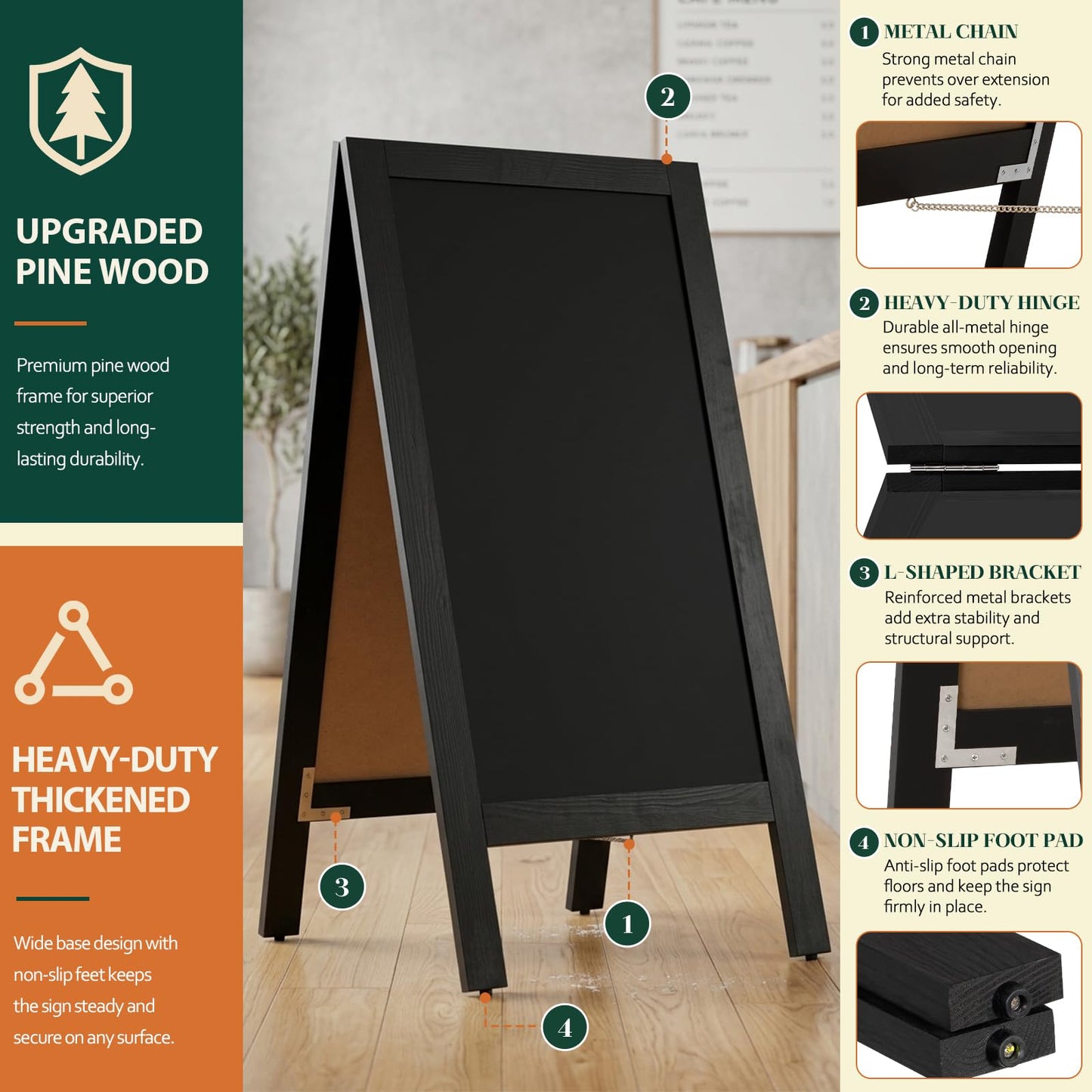 4 THOUGHT A-Frame Double-Sided Magnetic Chalkboard 40"x20", Solid Pine Wood Freestanding Sandwich Board for Restaurants, Cafes, Weddings (Black)