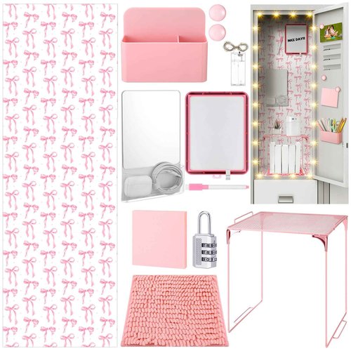 Colarr 19 Pcs Locker Accessories Kit Locker Stuff Back to School Essentials Magnetic Wallpaper Shelf Pencil Holder with Marker Mirror Rug Sticky Note Magnet LED Wireless Light Lock for Student(Pink)