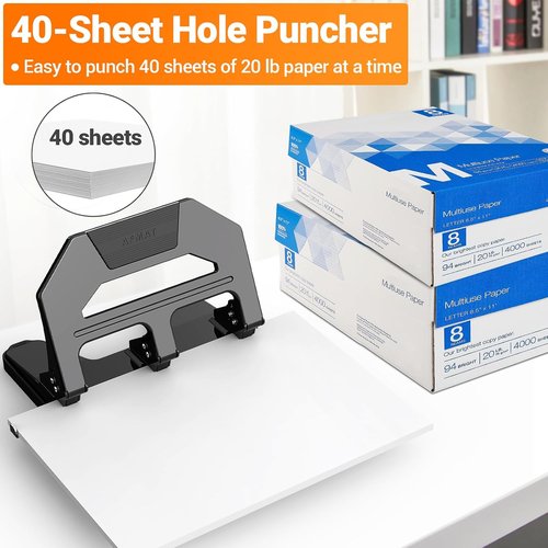 AFMAT Heavy Duty 3 Hole Puncher - Effortless 40-Sheet Capacity | Durable Metal Design with Large Tray (Black)