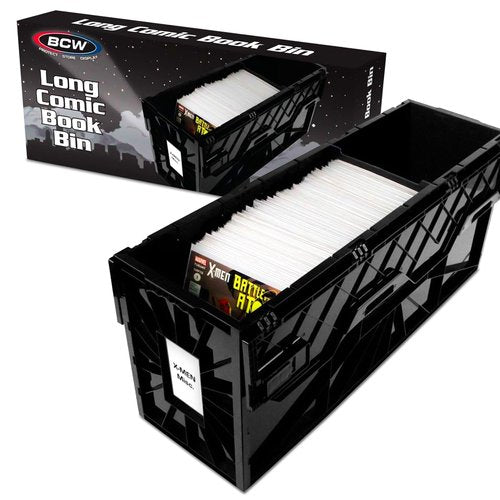 BCW Long Comic Book Bin - 1 Pack | Heavy Duty Comic Book Storage Box | Stackable Comic Bin Organizer for 300 Comics Each | Acid-Free Plastic Comic Book Box with Divider & Label Slot