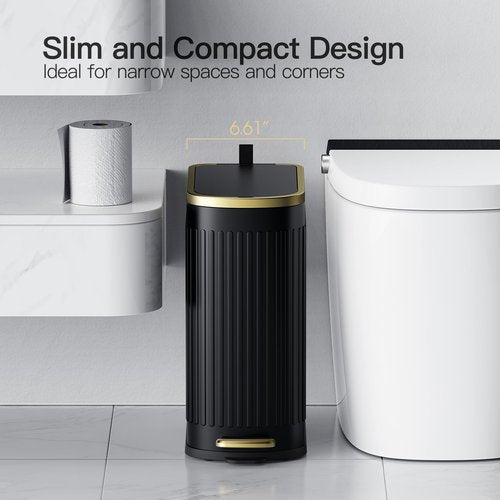 CEROELDA Slim Bathroom Trash Can with Lid Soft Close, 10 Liter/2.6 Gallon Stainless Steel Small Garbage Can, Step Pedal, Slim Metal Wastebasket for Toilet, Office, Bedroom (E-Black)