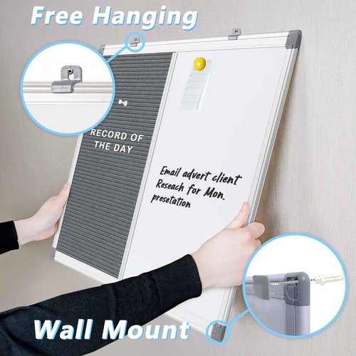 MAKELLO Whiteboard Bulletin Board Combo 24x18in, White Board and Letter Board Combo for School, Office, Home, Restaurant, Aluminum Frame, Grey Felt