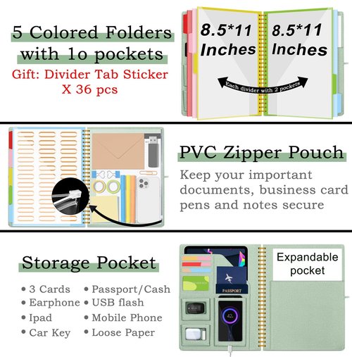 KLLVE Sauge Foldable Spiral Clipboard Folio with Storage Zipper Pouch, 5 Plastic Folders with Pockets,Refillable Lined Notepad (8.5" x 11"), Hardcover Project Organizer with 36 Stickers