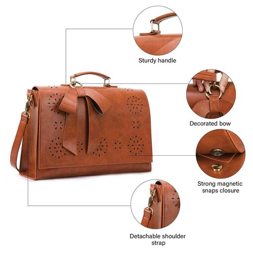 ECOSUSI Women's Briefcase Vegan Leather 15.6 inch Laptop Bag for Work Computer Shoulder Satchel Bag with Detachable Bow, Brown