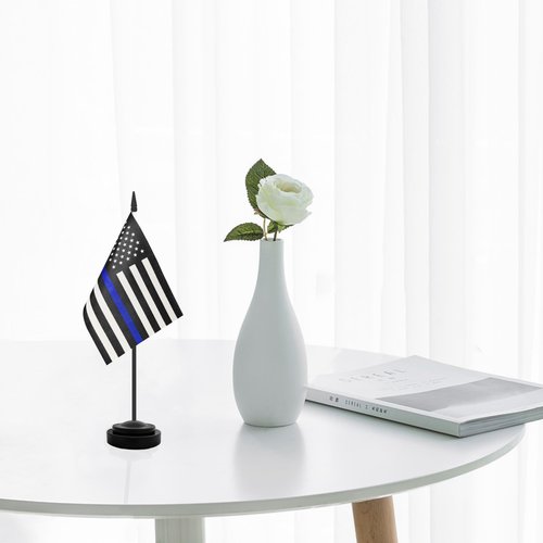 USA Thin Blue Line Police Desk Flag, 2 Pack American Policeman Table Office Flags, Small Mini Desktop Flag With 12" Solid Black Pole, Black Base, Police Celebration Event, Desk Decoration (Blue Line)