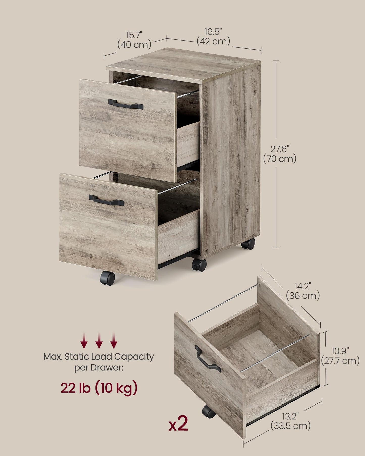 VASAGLE 2-Drawer File Cabinet, Small Rolling Filing Cabinet for Home Office, Printer Stand, for A4, Letter-Size Documents, 15.7 x 16.5 x 27.6 Inches, Heather Greige UOFC040LK02S