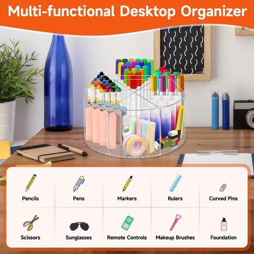 yintok Acrylic Rotating Organizer, Large Pen Organizer 360° Rotating Crayon and Marker Holder, Pen Holder with 6 Compartments, Pencil Storage Organizer with Handle for Office Home School