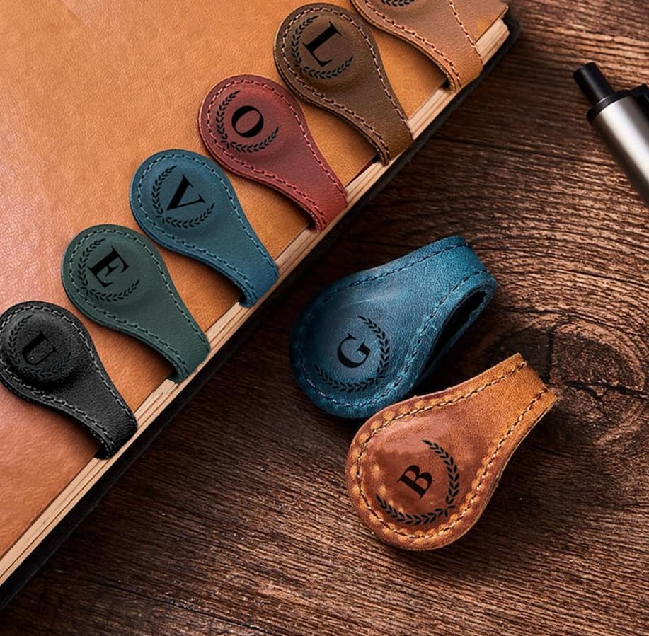Skiennix Personalized Leather Magnetic Bookmarks - Custom Engraved Initials | Meaningful Gift for Book Lovers (Set of 3)