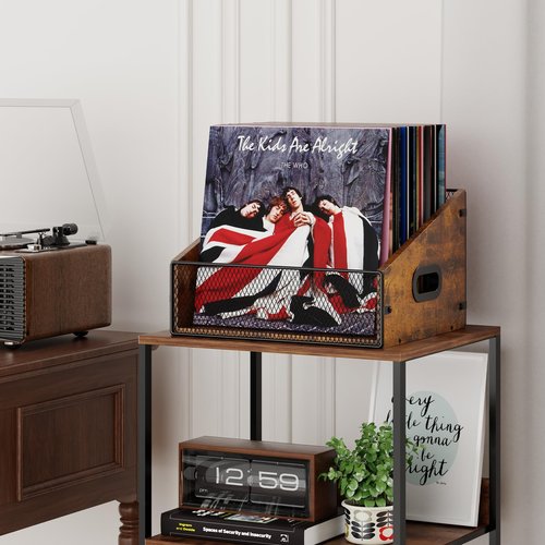 Yuzehuaza Vinyl Record Storage Holder, Trapezoidal LP Vinyl Record Crate with Handle, Wood & Metal Album Storage Desktop Organizer Box for Books Files, Rustic Brown