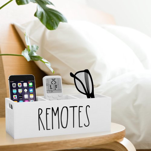 Remote Holder for Table, 3 Slots Wooden TV Remote Control Holder, Bedside Remote Control Storage Organizer - 10" x 3.3" x 3.3" White