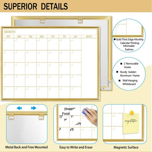 Gold Dry Erase Calendar Whiteboard for wall-18 x24’’,Portable Aluminum Frame,Magnetic Calendar White Board,Wall Planner Dry Erase Board for Office, Kitchen, School, Home-GG-4560