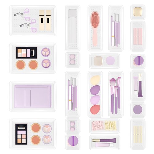 klyoca 22 PCS Clear Drawer Organizer Set, 4-Size Vanity and Desk Drawer Organizer Trays with Non-Slip Silicone Pads, Plastic Storage Bins for Makeup, Jewelry, Bathroom, Office, Fridge, Kitchen