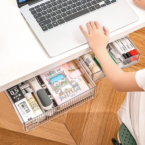 2Pcs Under Desk Storage Drawers, Large & Medium, Stick On, Hidden Under Table, Organizer for Home Office & School - Clear White