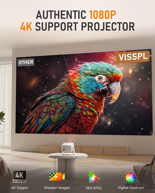 【Netflix Licensed & Auto focus Projector】VISSPL Smart Projector with WiFi and Bluetooth, Auto Focus & Keystone Protable Mini Projector with Stand, 4K Support Netflix Home Theater Projector White