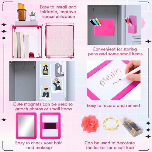 Ninehaoou 31 Pcs Locker Organizer and Decorating Kit for Girls Back to School Essentials Magnetic Locker Shelf Pen Holder Magnetic Whiteboard Mirror for Middle High School(Hot Pink)
