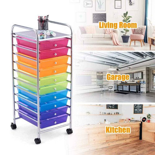10-Tier Rolling Utility Cart with Lockable Casters, Mobile Utility Cart with 10 Drawers, Multipurpose Storage Organizer Cart for School, Office, Home, Kitchen (Rainbow)