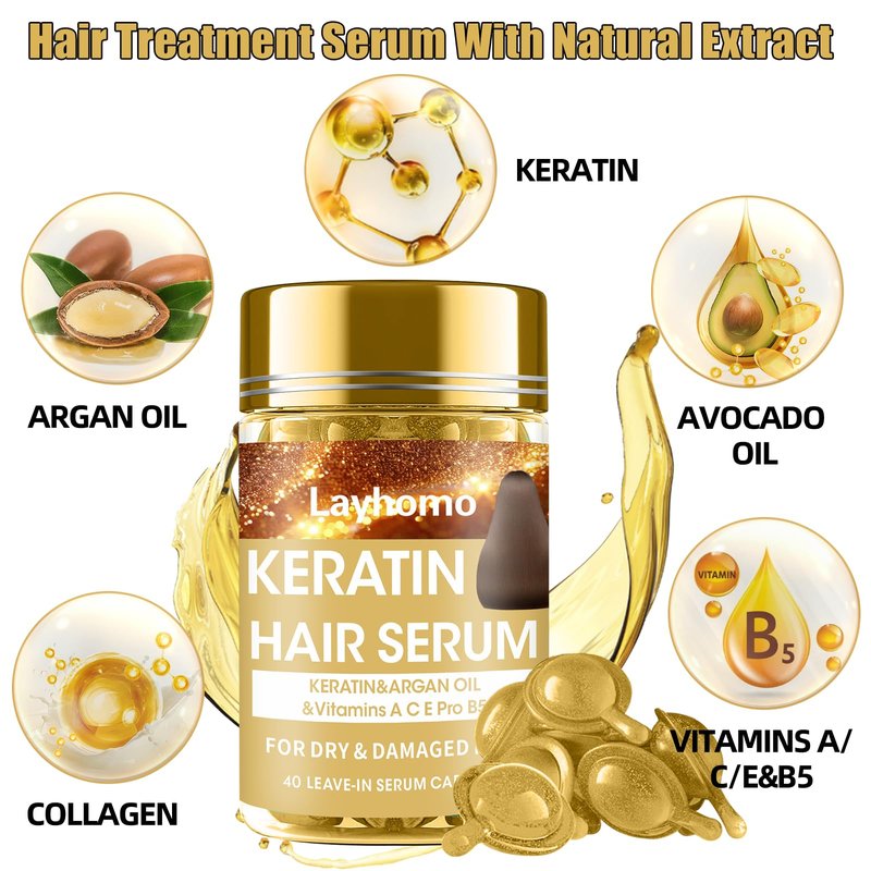 Keratin Hair Treatment Serum,Hair Serum Treatment for Dry Damaged Hair,Hair Oil Capsules with Keratin,Argan Oil-Leave-in Anti Frizz Conditioner with Vitamins A, C, E & B5- No Rinse for All Hair Types